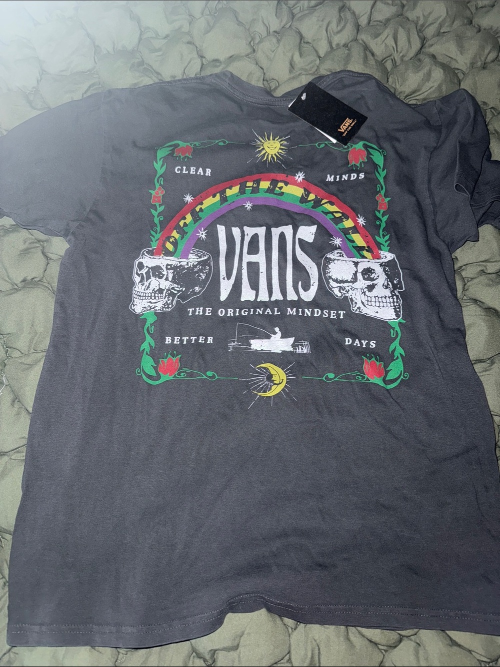 NWT Vans Black Short-Sleeve Tee with Rainbow Skull Graphic